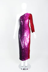 Vintage Frank Usher Ombré Red Pink Sequin One-Shoulder Gown on Mannequin front at Recess