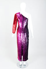 Vintage Frank Usher Ombré Red Pink Sequin One-Shoulder Gown on Mannequin back at Recess