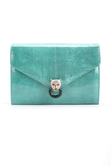 Recess Designer Consignment Vintage Fred Hayman Jeweled Jaguar Turquoise Lizard Clutch Bag Los Angeles Resale