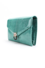 Recess Designer Consignment Vintage Fred Hayman Jeweled Jaguar Turquoise Lizard Clutch Bag Los Angeles Resale