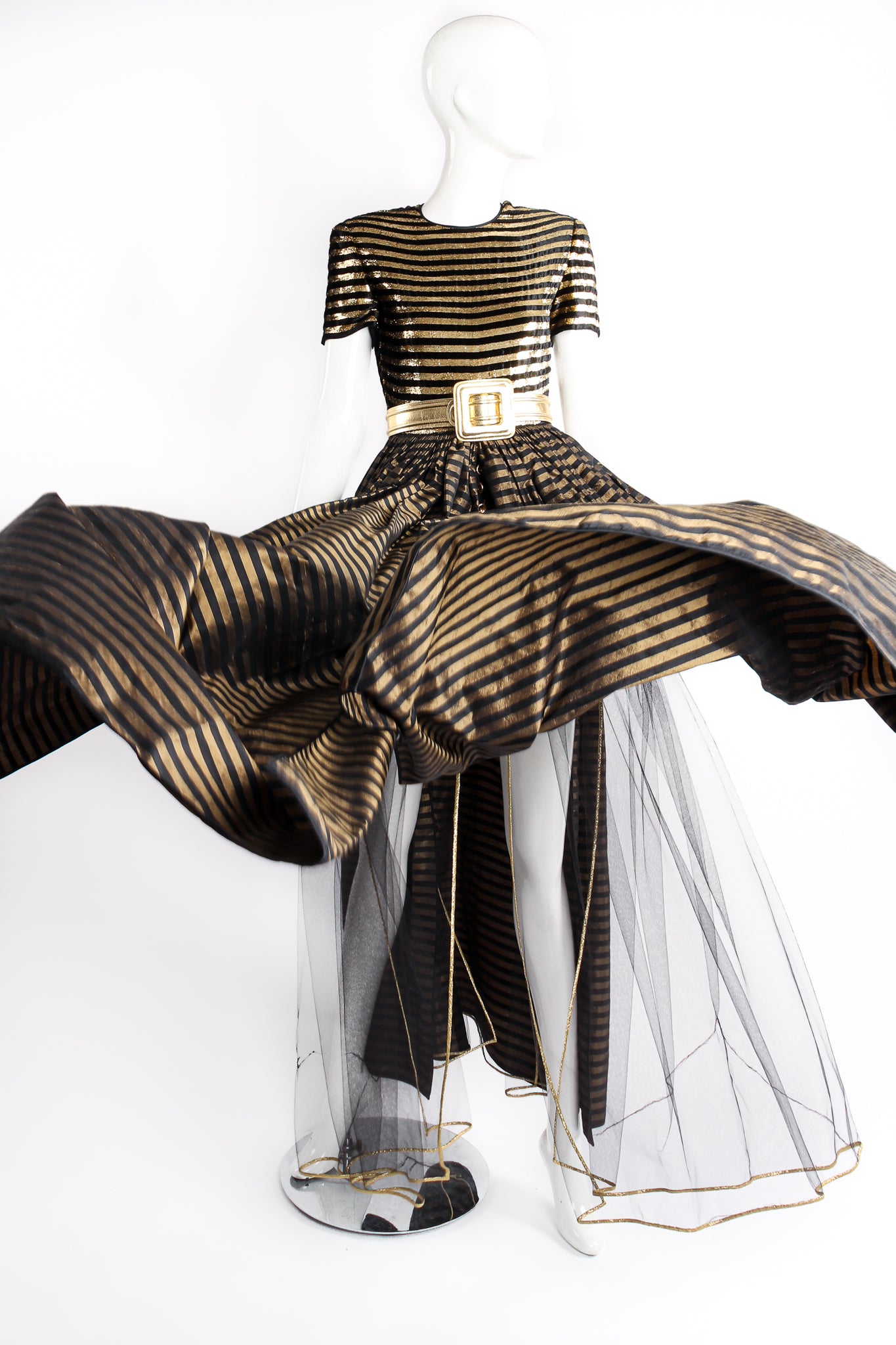 Vintage Galanos Gold Striped Panel Gown With Shorts on Mannequin front at Recess Los Angeles