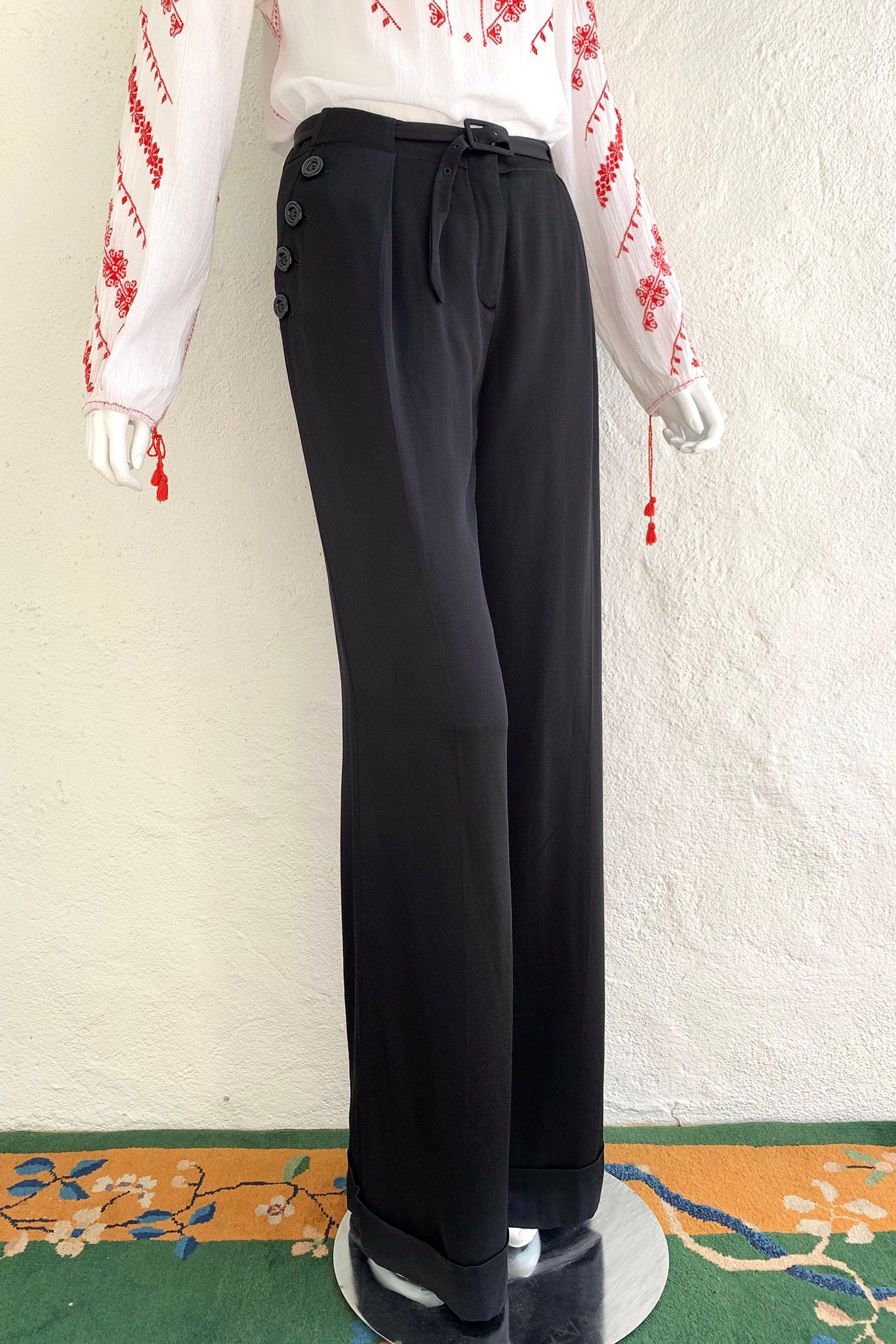 Vintage John Galliano Belted Silk Sailor Pant on Mannequin Angle at Recess Los Angeles