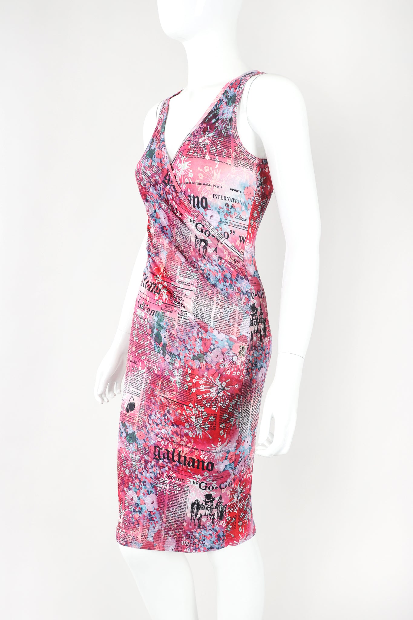 Recess Designer Consignment Vintage John Galliano Floral Newspaper Print Stretch Surplice Dress