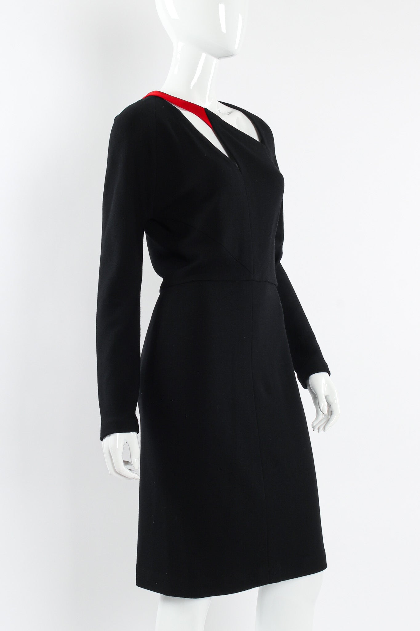 Vintage Geoffrey Beene Accent Cut Out Wool Dress mannequin front angle @ Recess LA