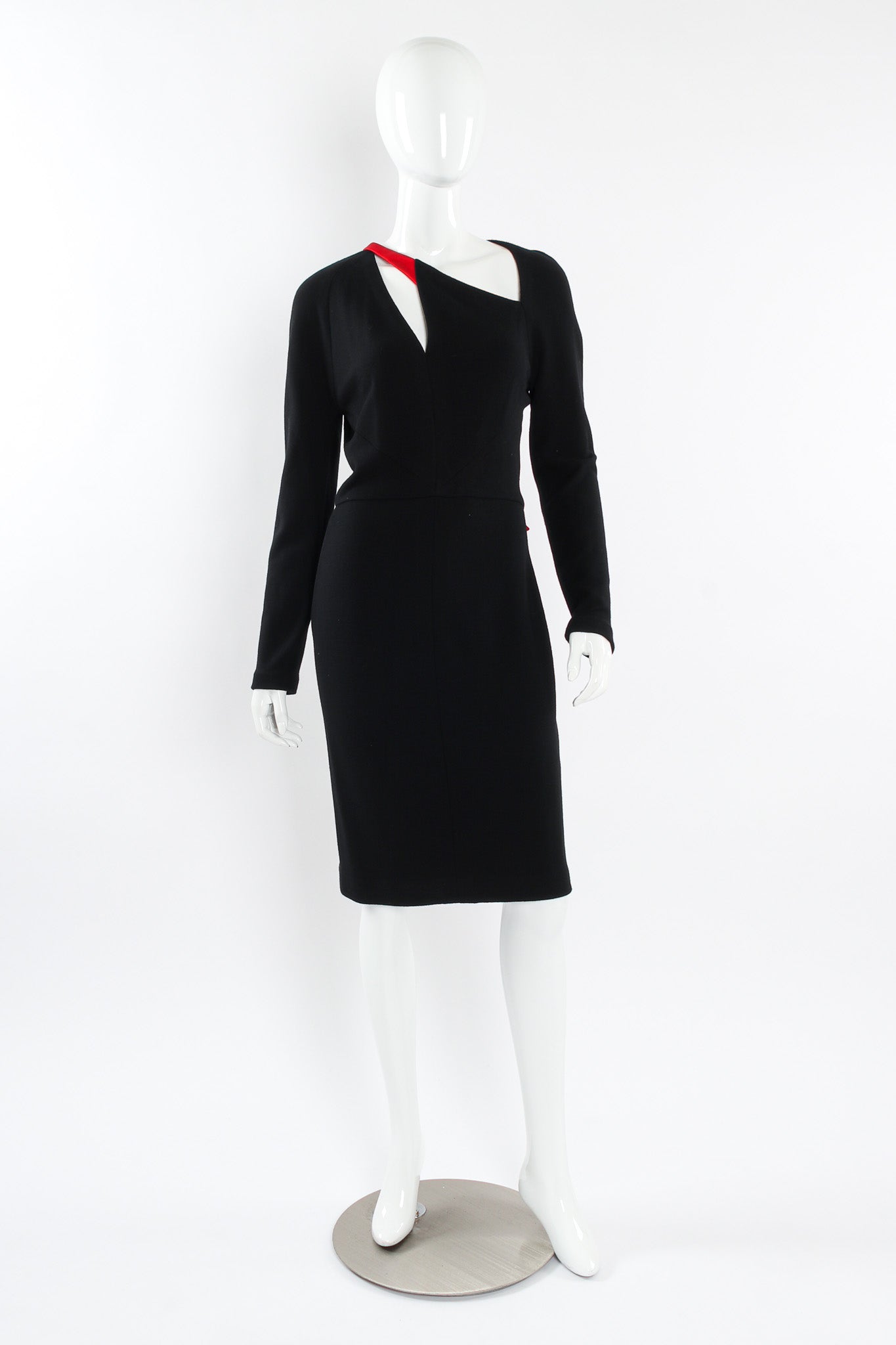 Vintage Geoffrey Beene Accent Cut Out Wool Dress mannequin front @ Recess LA