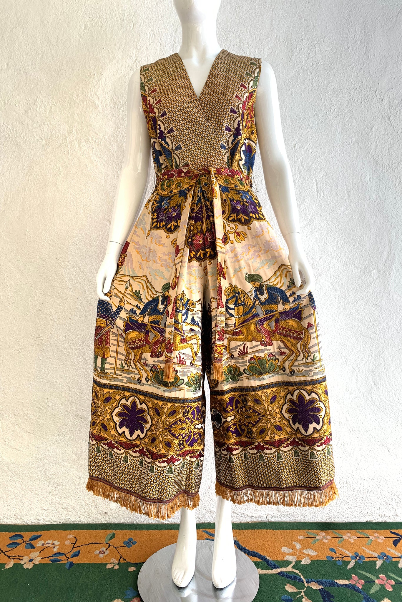 Vintage Georgie Keyloun Fringed Tapestry Jumpsuit on Mannequin front pant at Recess