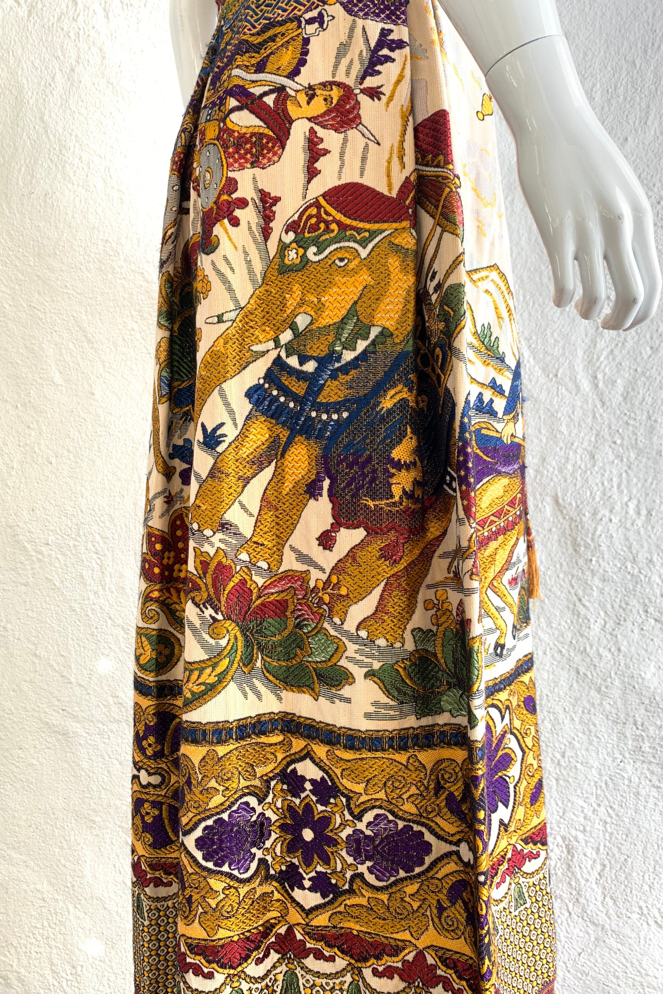 Vintage Georgie Keyloun Fringed Tapestry Jumpsuit on Mannequin side leg at Recess