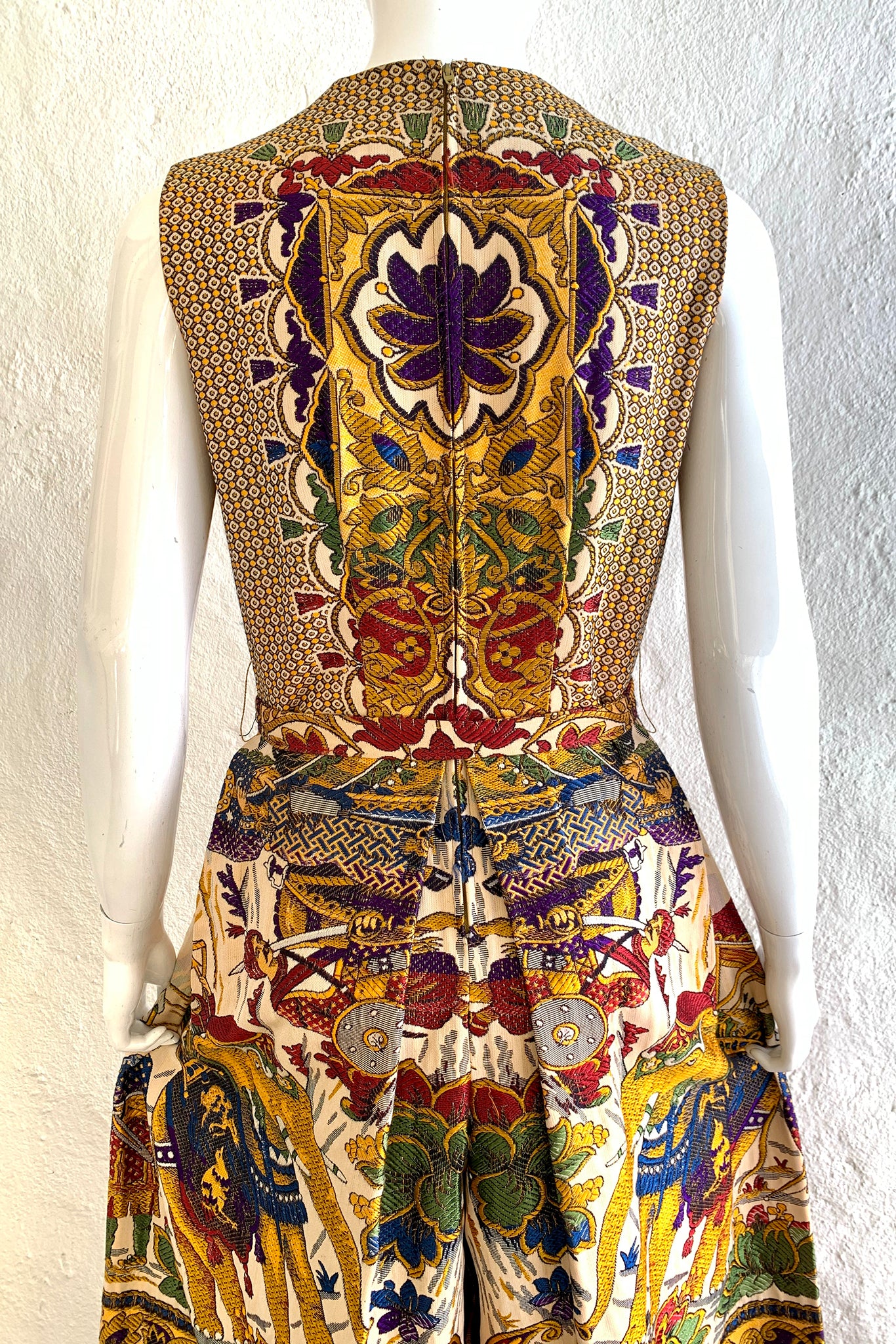 Vintage Georgie Keyloun Fringed Tapestry Jumpsuit on Mannequin back detail at Recess