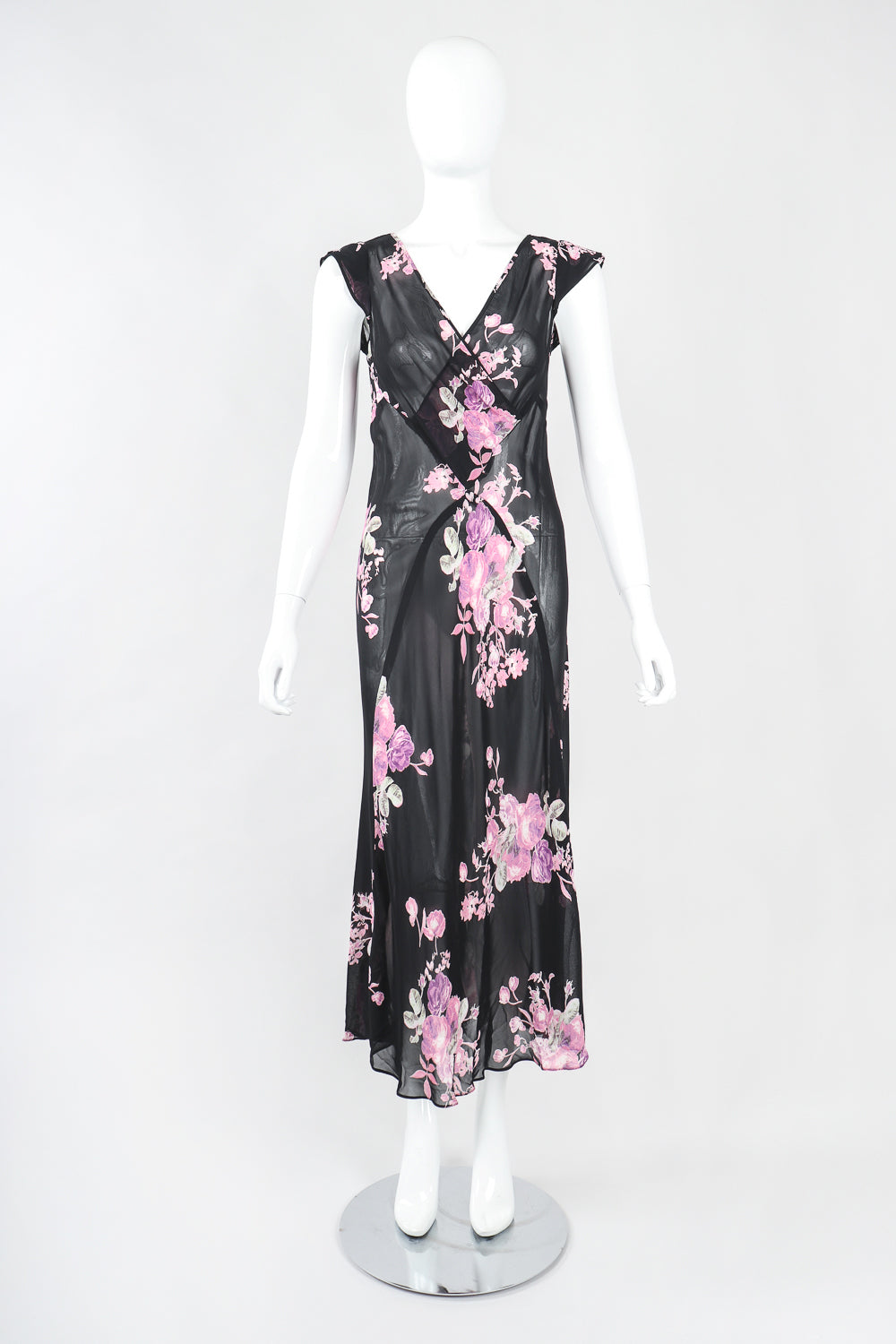 Recess Designer Consignment Vintage Gianfranco Ferre GFF Sheer Chiffon Bias Pieced Rose Print Dress Los Angeles Resale