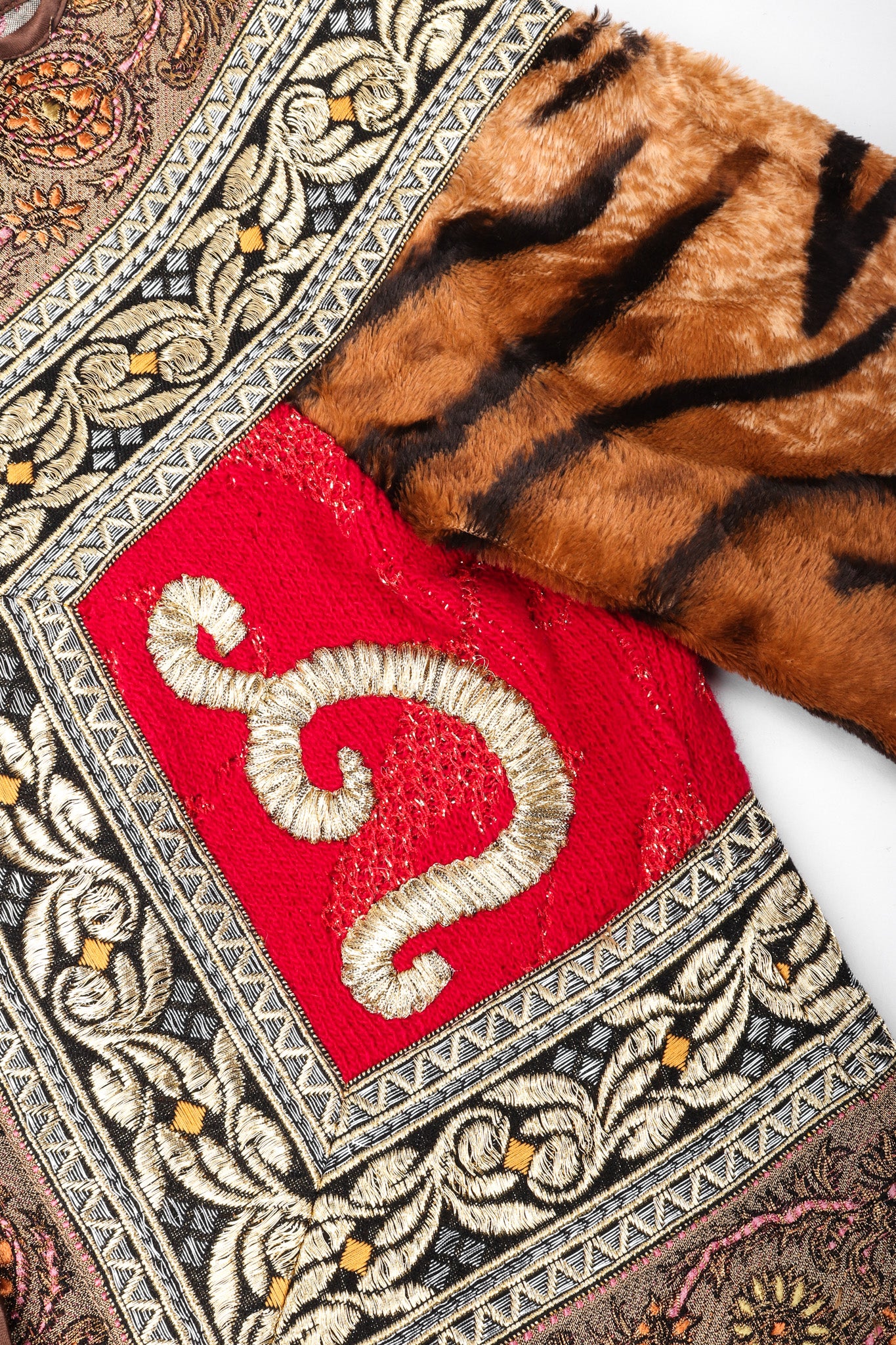 Recess Los Angeles Vintage Gianfranco Off-The-Shoulder Ferre Tiger Fur Brocade Top