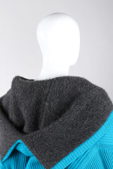 Recess Los Angeles Vintage Giancfranco Ferre Avant Garde Wrap Turquoise Short Jacket Hood Front Slit Leather Ties Fuzzy Lining Inner Quilting Puffy