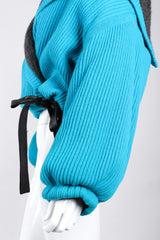 Recess Los Angeles Vintage Giancfranco Ferre Avant Garde Wrap Turquoise Short Jacket Hood Front Slit Leather Ties Fuzzy Lining Inner Quilting Puffy