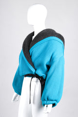 Recess Los Angeles Vintage Giancfranco Ferre Avant Garde Wrap Turquoise Short Jacket Hood Front Slit Leather Ties Fuzzy Lining Inner Quilting Puffy