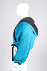 Recess Los Angeles Vintage Giancfranco Ferre Avant Garde Wrap Turquoise Short Jacket Hood Front Slit Leather Ties Fuzzy Lining Inner Quilting Puffy