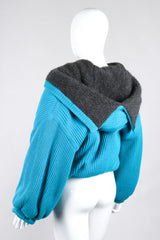 Recess Los Angeles Vintage Giancfranco Ferre Avant Garde Wrap Turquoise Short Jacket Hood Front Slit Leather Ties Fuzzy Lining Inner Quilting Puffy