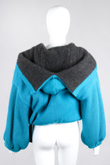 Recess Los Angeles Vintage Giancfranco Ferre Avant Garde Wrap Turquoise Short Jacket Hood Front Slit Leather Ties Fuzzy Lining Inner Quilting Puffy