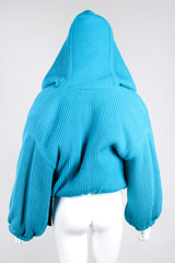 Recess Los Angeles Vintage Giancfranco Ferre Avant Garde Wrap Turquoise Short Jacket Hood Front Slit Leather Ties Fuzzy Lining Inner Quilting Puffy