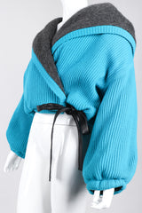 Recess Los Angeles Vintage Giancfranco Ferre Avant Garde Wrap Turquoise Short Jacket Hood Front Slit Leather Ties Fuzzy Lining Inner Quilting Puffy