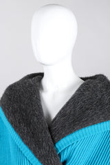 Recess Los Angeles Vintage Giancfranco Ferre Avant Garde Wrap Turquoise Short Jacket Hood Front Slit Leather Ties Fuzzy Lining Inner Quilting Puffy