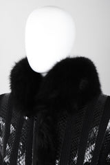 Recess Los Angeles Vintage Gianmarco Lorenzi Ribbed Long Black Knit Coat Snakeskin Strips Fox Fur Collar Shoulder Pads Drop Hem