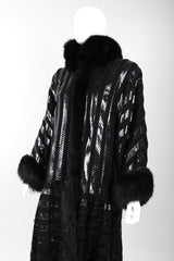 Recess Los Angeles Vintage Gianmarco Lorenzi Ribbed Long Black Knit Coat Snakeskin Strips Fox Fur Collar Shoulder Pads Drop Hem