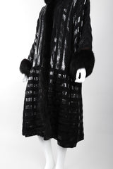 Recess Los Angeles Vintage Gianmarco Lorenzi Ribbed Long Black Knit Coat Snakeskin Strips Fox Fur Collar Shoulder Pads Drop Hem