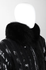 Recess Los Angeles Vintage Gianmarco Lorenzi Ribbed Long Black Knit Coat Snakeskin Strips Fox Fur Collar Shoulder Pads Drop Hem
