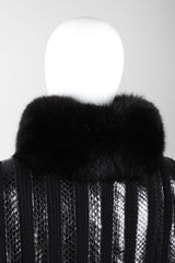 Recess Los Angeles Vintage Gianmarco Lorenzi Ribbed Long Black Knit Coat Snakeskin Strips Fox Fur Collar Shoulder Pads Drop Hem