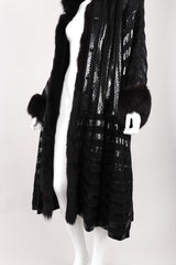 Recess Los Angeles Vintage Gianmarco Lorenzi Ribbed Long Black Knit Coat Snakeskin Strips Fox Fur Collar Shoulder Pads Drop Hem