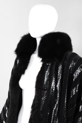Recess Los Angeles Vintage Gianmarco Lorenzi Ribbed Long Black Knit Coat Snakeskin Strips Fox Fur Collar Shoulder Pads Drop Hem