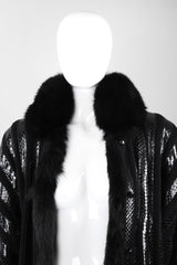 Recess Los Angeles Vintage Gianmarco Lorenzi Ribbed Long Black Knit Coat Snakeskin Strips Fox Fur Collar Shoulder Pads Drop Hem