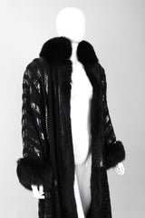 Recess Los Angeles Vintage Gianmarco Lorenzi Ribbed Long Black Knit Coat Snakeskin Strips Fox Fur Collar Shoulder Pads Drop Hem