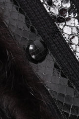 Recess Los Angeles Vintage Gianmarco Lorenzi Ribbed Long Black Knit Coat Snakeskin Strips Fox Fur Collar Shoulder Pads Drop Hem