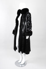 Recess Los Angeles Vintage Gianmarco Lorenzi Ribbed Long Black Knit Coat Snakeskin Strips Fox Fur Collar Shoulder Pads Drop Hem