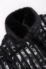 Recess Los Angeles Vintage Gianmarco Lorenzi Ribbed Long Black Knit Coat Snakeskin Strips Fox Fur Collar Shoulder Pads Drop Hem