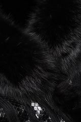 Recess Los Angeles Vintage Gianmarco Lorenzi Ribbed Long Black Knit Coat Snakeskin Strips Fox Fur Collar Shoulder Pads Drop Hem