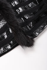 Recess Los Angeles Vintage Gianmarco Lorenzi Ribbed Long Black Knit Coat Snakeskin Strips Fox Fur Collar Shoulder Pads Drop Hem