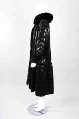 Recess Los Angeles Vintage Gianmarco Lorenzi Ribbed Long Black Knit Coat Snakeskin Strips Fox Fur Collar Shoulder Pads Drop Hem