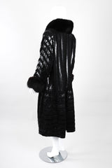 Recess Los Angeles Vintage Gianmarco Lorenzi Ribbed Long Black Knit Coat Snakeskin Strips Fox Fur Collar Shoulder Pads Drop Hem