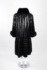 Recess Los Angeles Vintage Gianmarco Lorenzi Ribbed Long Black Knit Coat Snakeskin Strips Fox Fur Collar Shoulder Pads Drop Hem