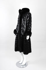 Recess Los Angeles Vintage Gianmarco Lorenzi Ribbed Long Black Knit Coat Snakeskin Strips Fox Fur Collar Shoulder Pads Drop Hem