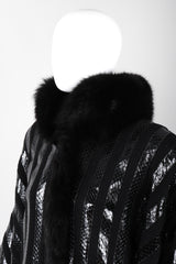 Recess Los Angeles Vintage Gianmarco Lorenzi Ribbed Long Black Knit Coat Snakeskin Strips Fox Fur Collar Shoulder Pads Drop Hem