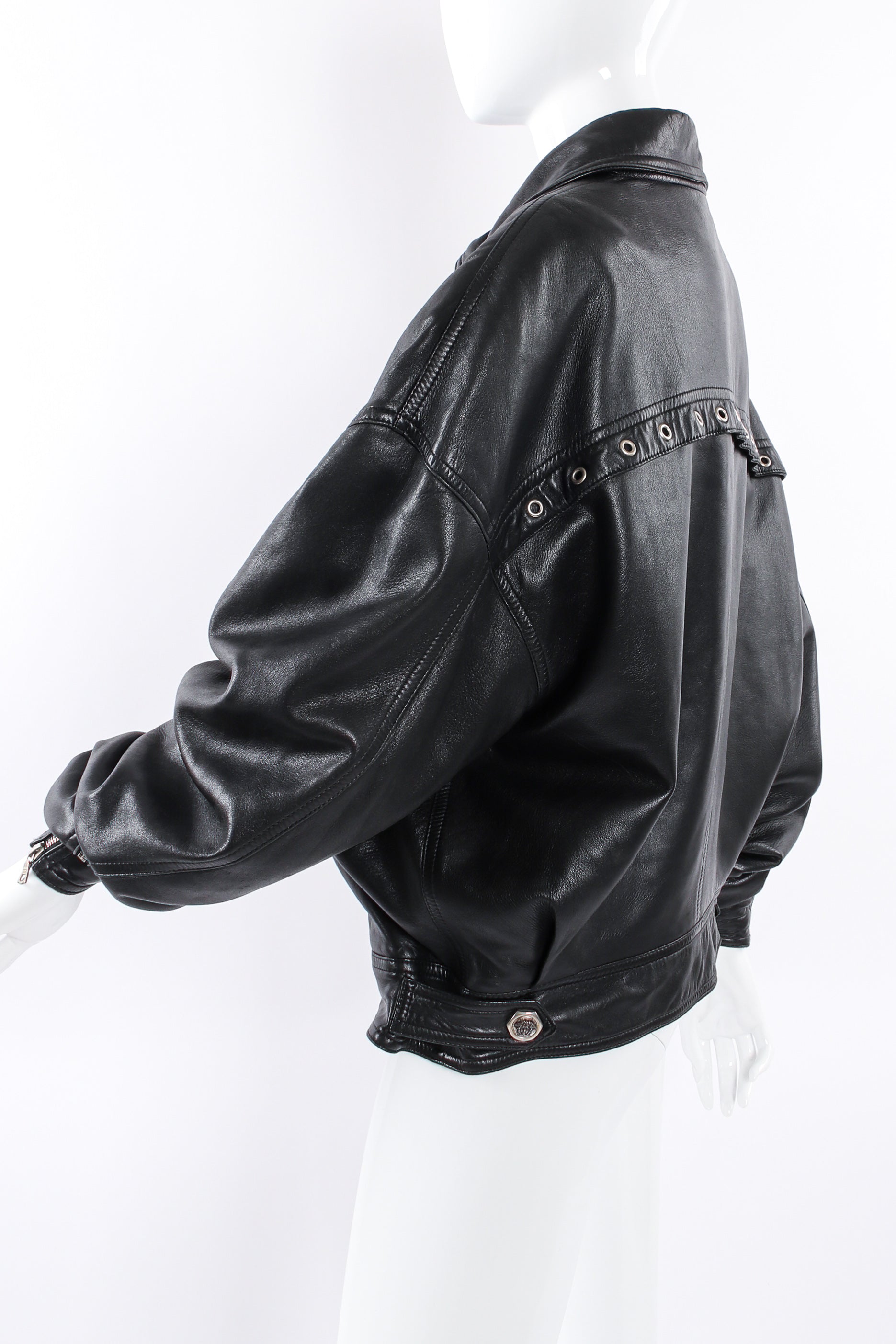 Vintage Gianni Versace Leather Bomber Jacket mannequin side @ Recess LA