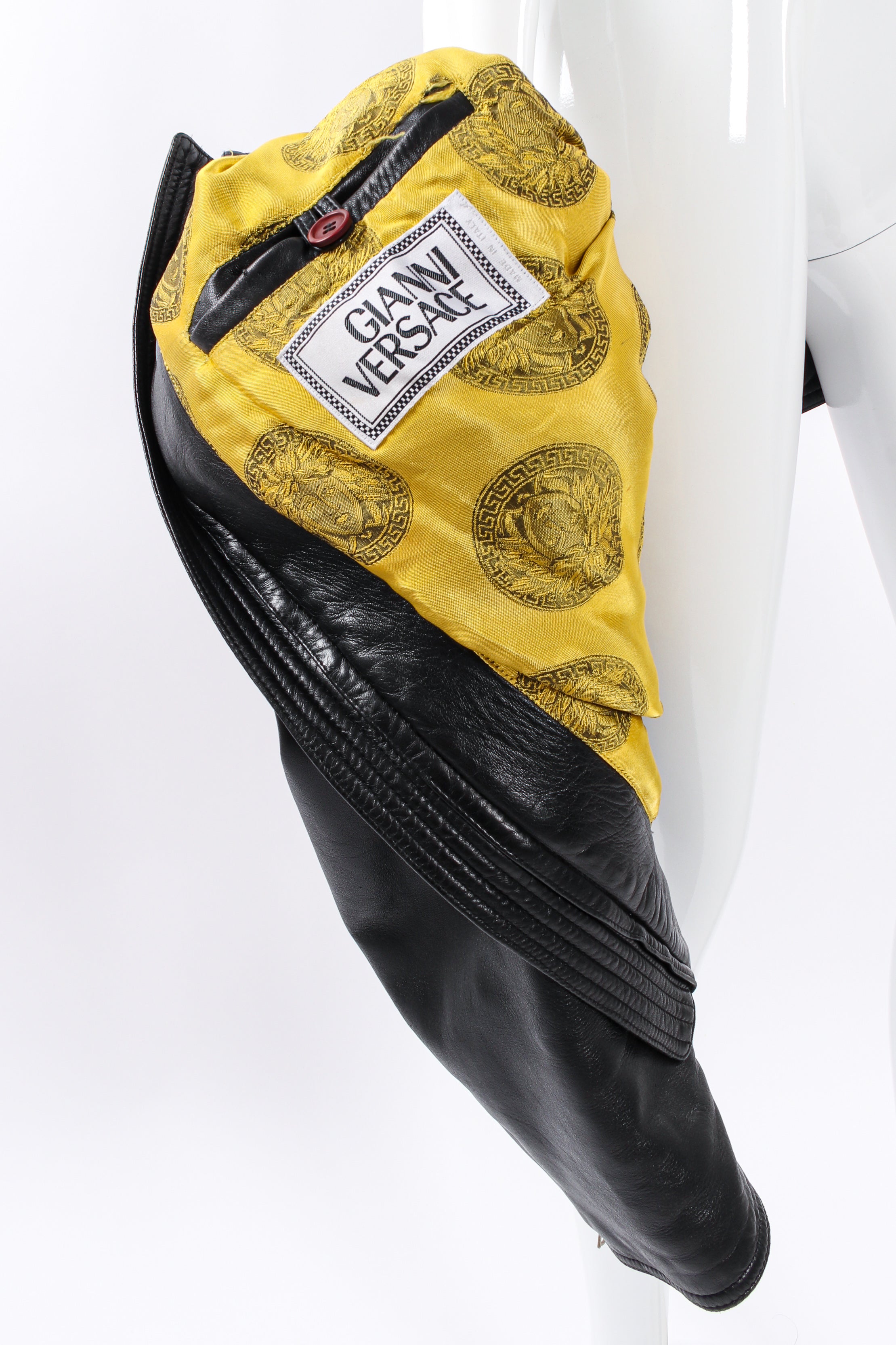 Vintage Gianni Versace Leather Bomber Jacket mannequin holding the logo @ Recess LA