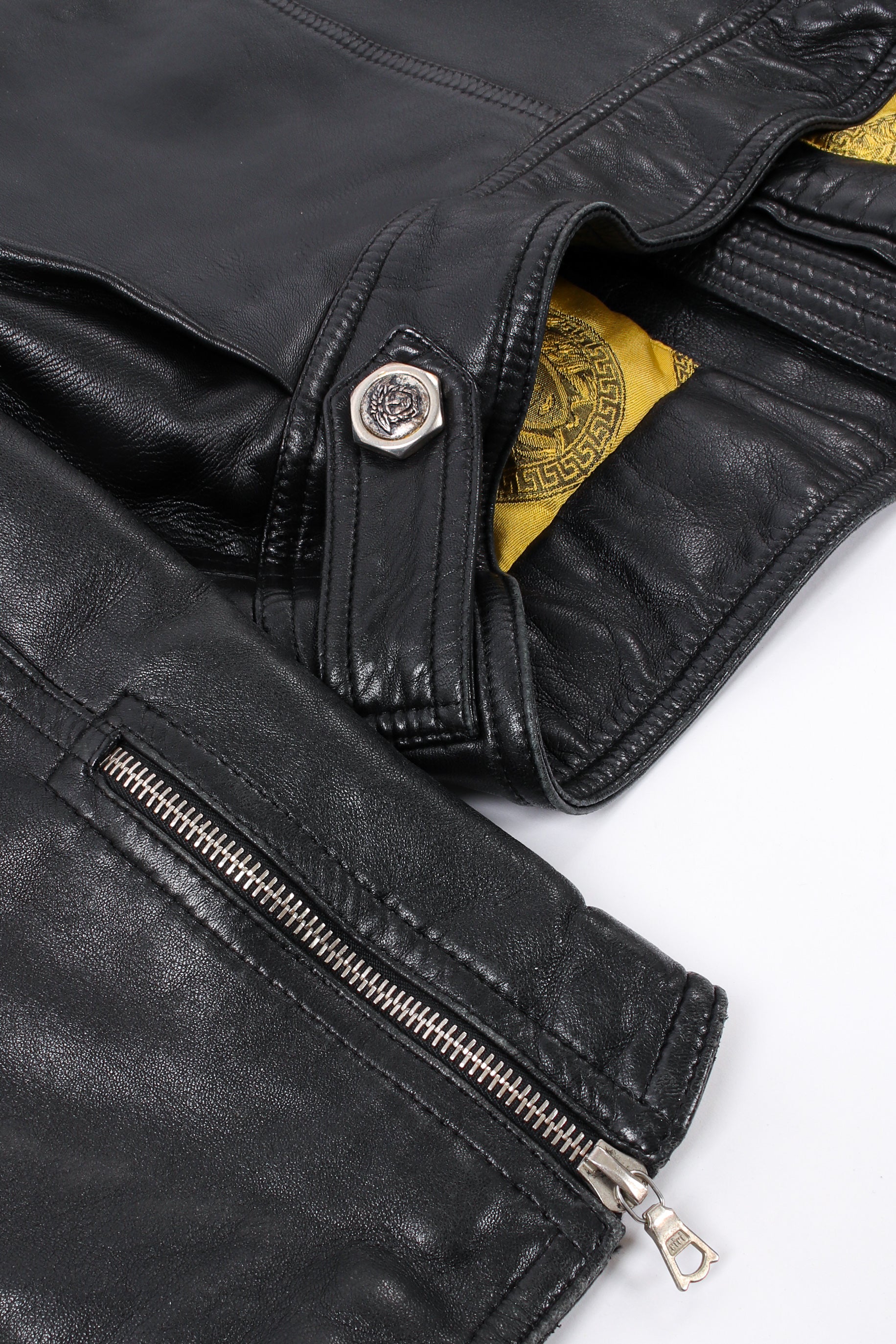 Vintage Gianni Versace Leather Bomber Jacket sleeve/back hip snap button @ Recess LA