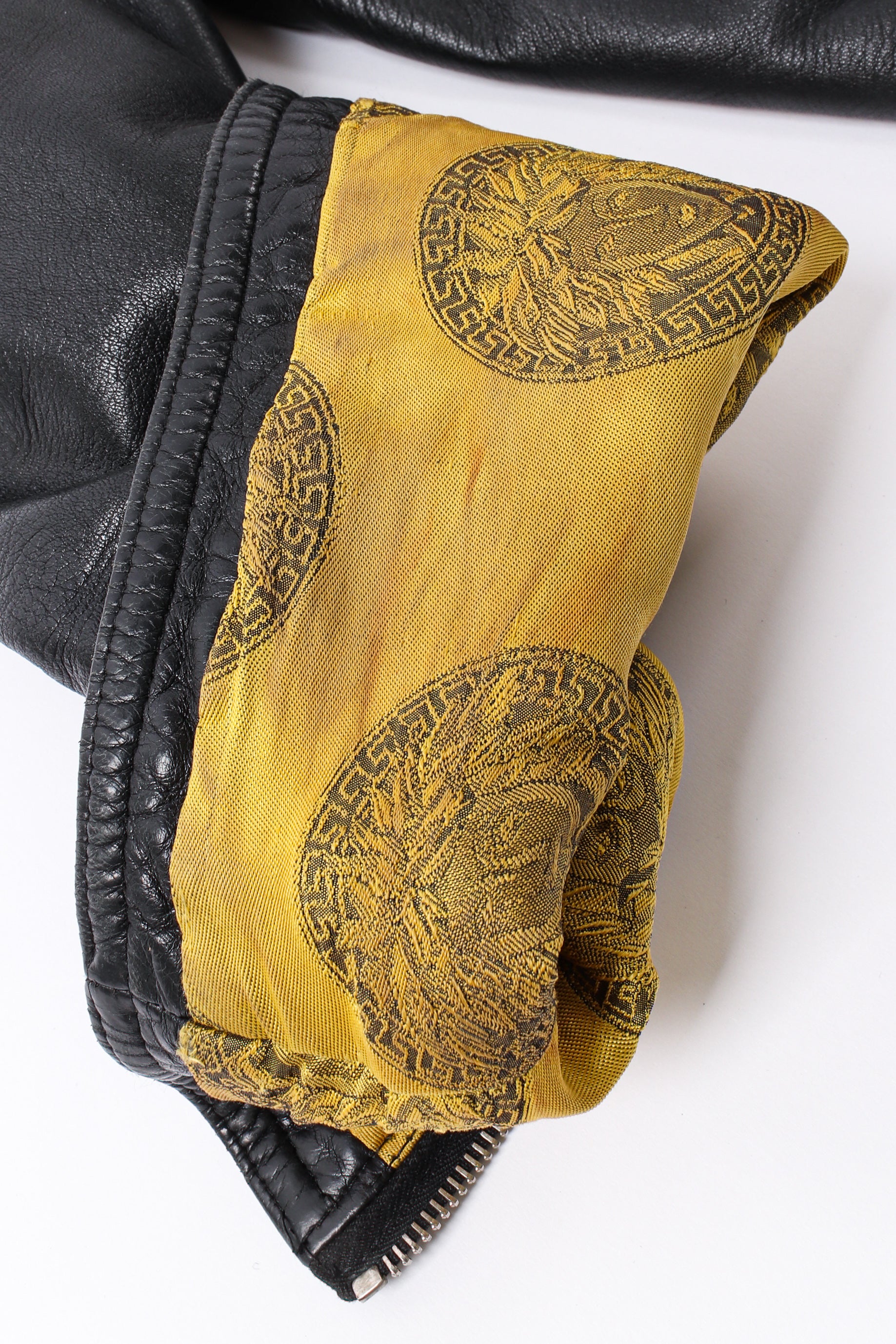 Vintage Gianni Versace Leather Bomber Jacket stained sleeve detail  @ Recess LA