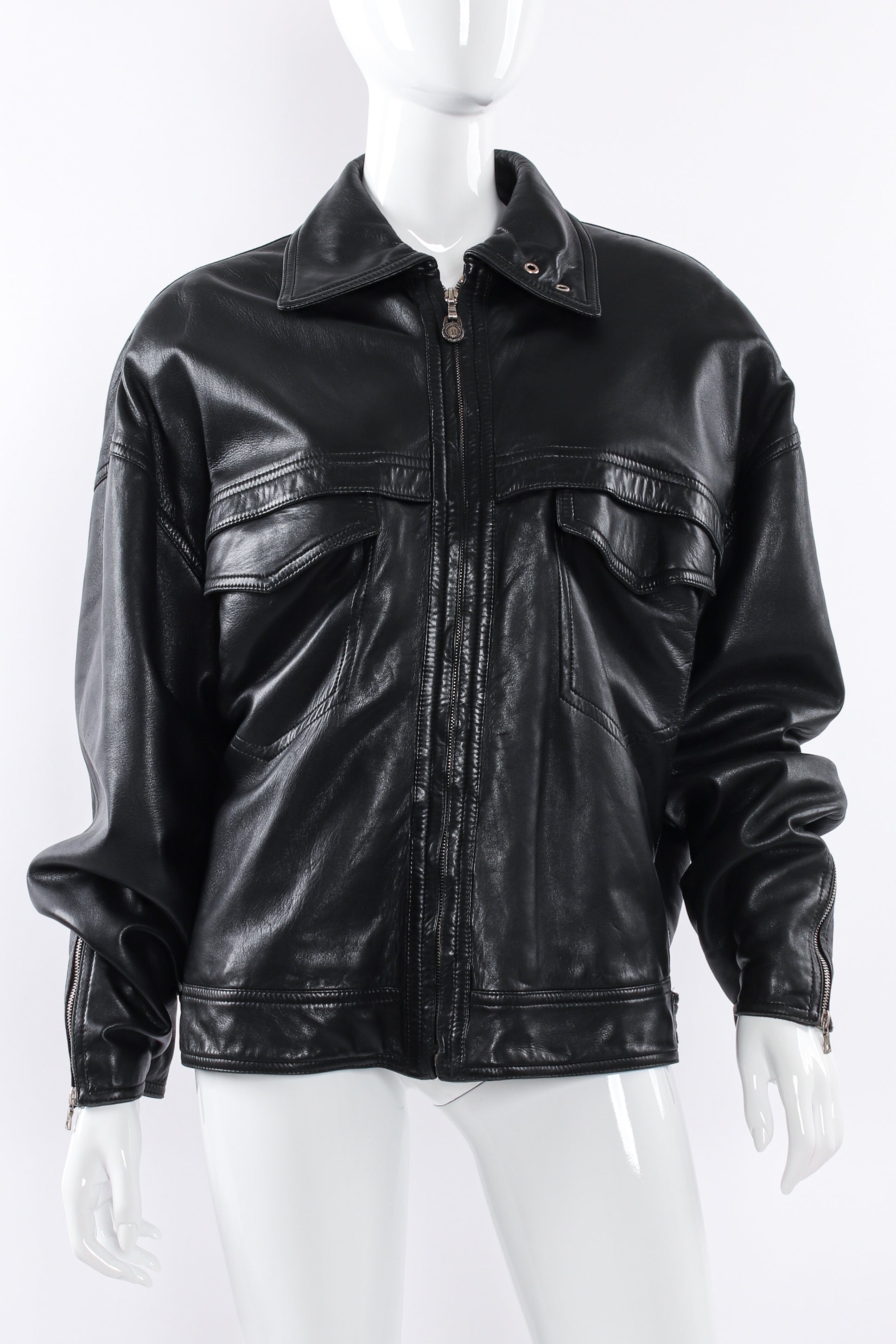 Vintage Gianni Versace Leather Bomber Jacket mannequin front zipped @ Recess LA