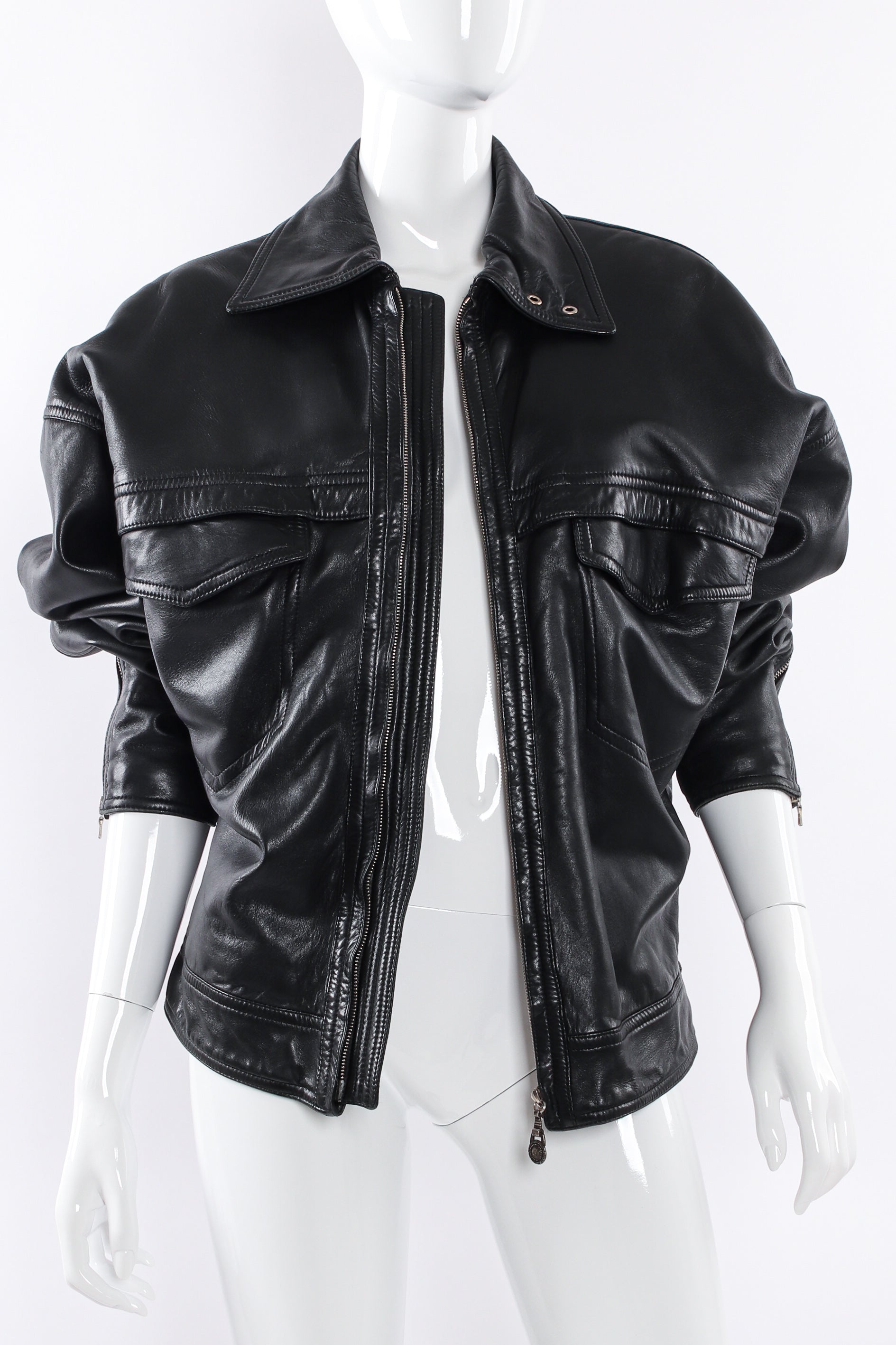 Vintage Gianni Versace Leather Bomber Jacket mannequin front sleeves rolled @ Recess LA