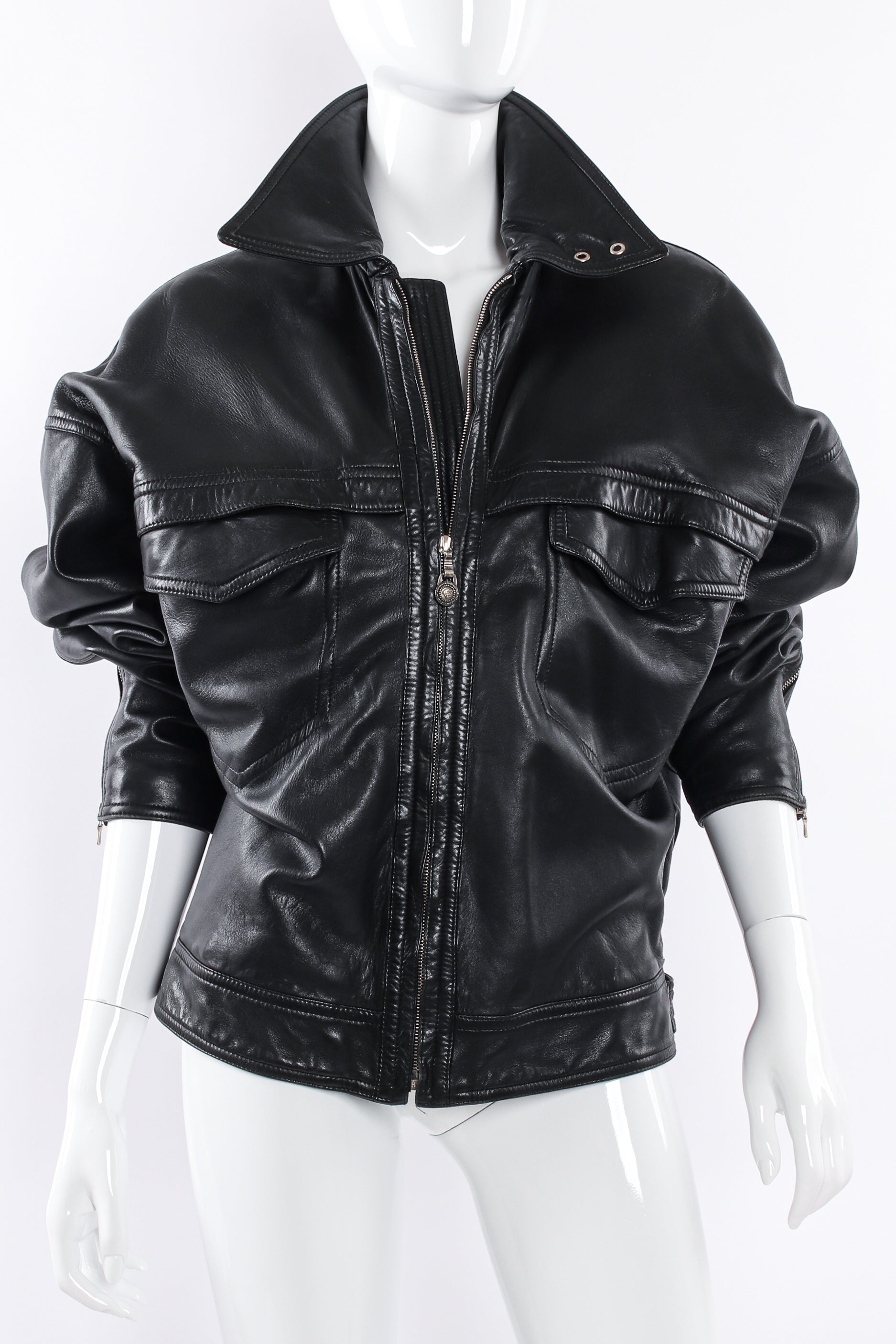 Vintage Gianni Versace Leather Bomber Jacket mannequin front zipped up @ Recess LA