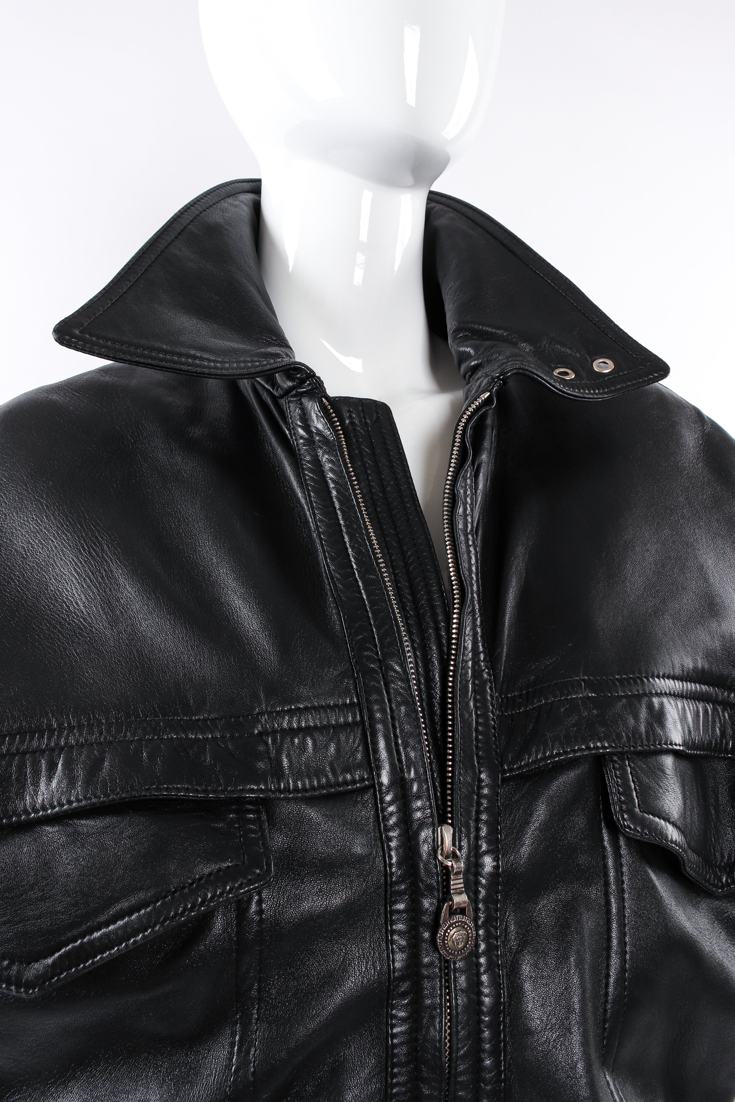 Vintage Gianni Versace Leather Bomber Jacket mannequin collar/chest detail  @ Recess LA